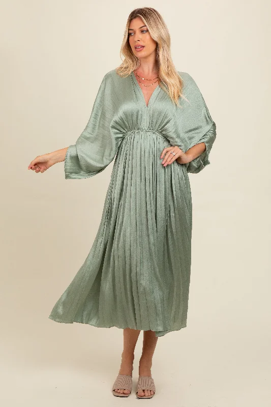 Closeout Sale office dressLight Olive Satin Pleated V-Neck Maxi Dress