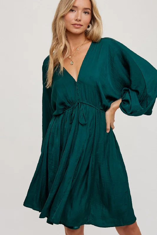 Price Cut fitted cocktail dressHunter Green Satin Open-Back Dolman Sleeved Dress