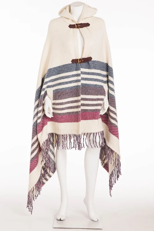 stylish coatEmilio Pucci - White Blue Purple Pink Poncho Fringe Bottom with Leather Buckle  - M