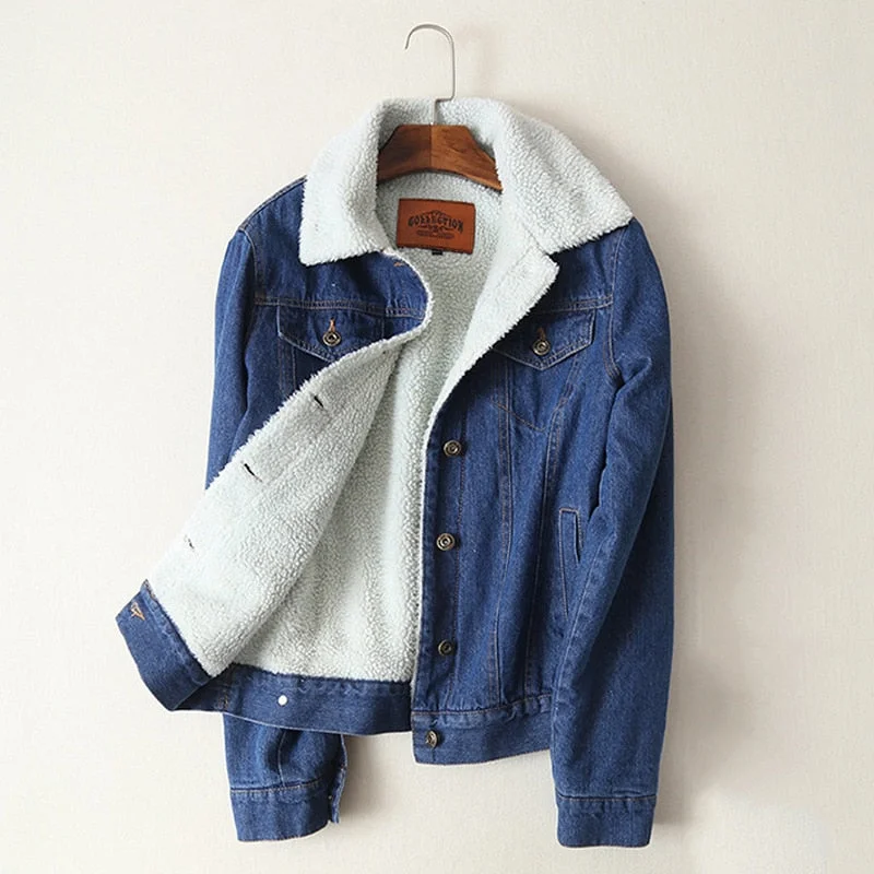 fashion coat with hoodSpring Autumn Winter New 2018 Women lambswool jean Coat With 4 Pockets Long Sleeves Warm Jeans Coat Outwear Wide Denim Jacket