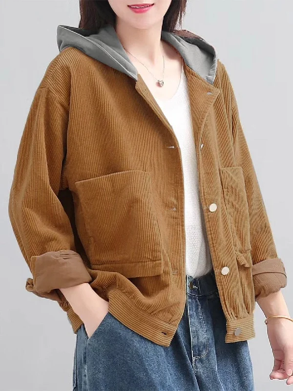 Huge Savings stylish blazer coatSolid Color Corduroy Hooded Loose Casual Coats