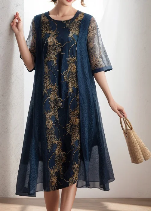 flowy maxi dressLoose Navy O Neck Print Patchwork Silk Dress Summer