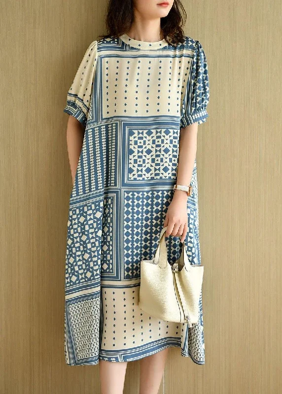 Price Rollback denim dressLoose Blue O-Neck Print Summer Cotton Short Sleeve Dress
