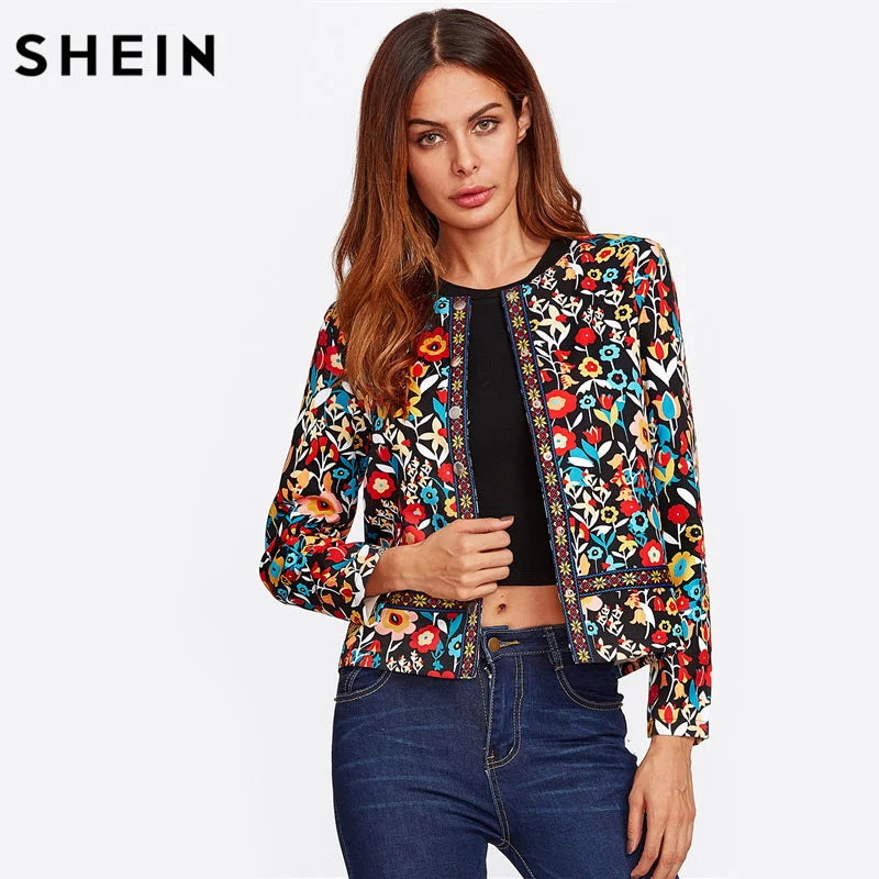 trendy jacketSHEIN Press Button Placket Botanical Jacket Autumn Jacket for Women Multicolor Collarless Single Breasted Elegant Jacket