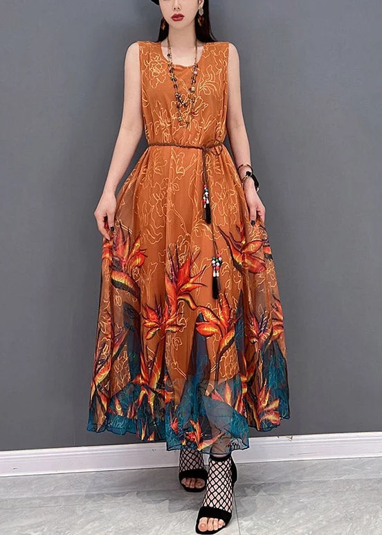Limited Availability sleek midi dress2024 Orange O-Neck Chiffon Long Beach Dresses Sleeveless
