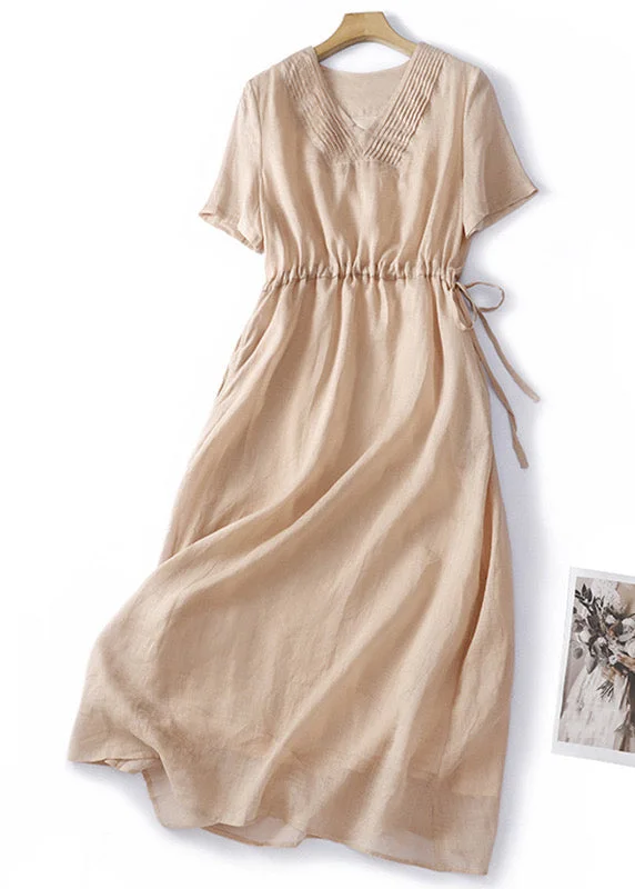 stylish dressWomen V Neck Lace Up Solid Linen Dress Summer