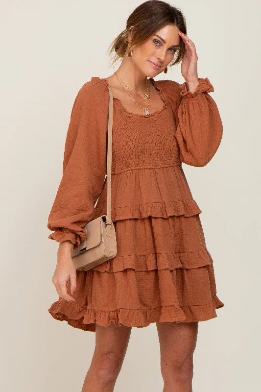Hurry In boho-chic dressCamel Smocked Ruffle Tiered Long Sleeve Dress