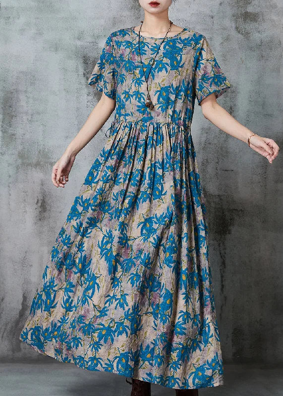 summer floral dressBlue Print Linen Vacation Dresses Cinched Summer