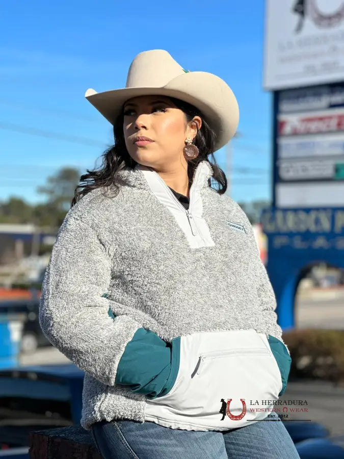 Blowout Deals Hooey Womens Grey & Teal Sherpa Pullover Half Zip w/ Reflective Pocket Blowout Deals Hooey Womens Grey & Teal Sherpa Pullover Half Zip w/ Reflective Pocket