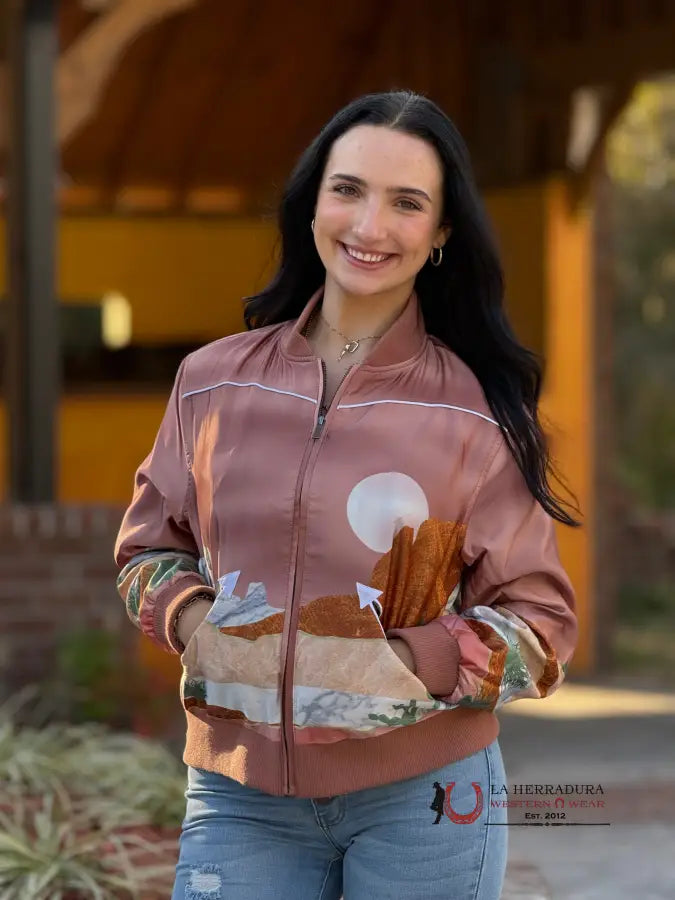 Don't Wait HOOEY LADIES BOMBER JACKET PINK WITH DESERT LANDSCAPE