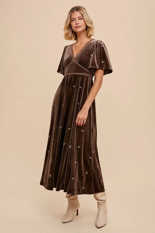 Super Sale trendy wrap dressPewter All Over Floral Embroidered Velvet Maxi Dress