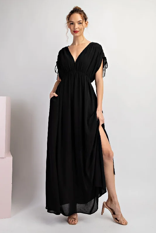 Major Savings floral midi dressBlack V-Neck Drawstring Short Sleeve Side Slit Maxi Dress
