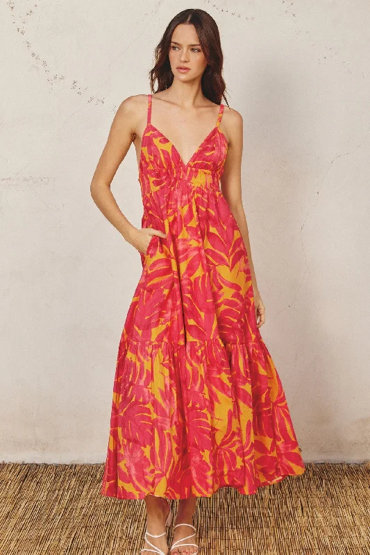 Friends and Family Sale party-ready dressCoral Leaf Print Open Back Midi Dress