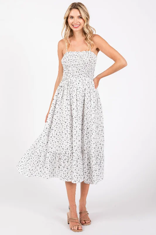 Deep Discounts stylish party dressWhite Floral Smocked Sleeveless Midi Dress