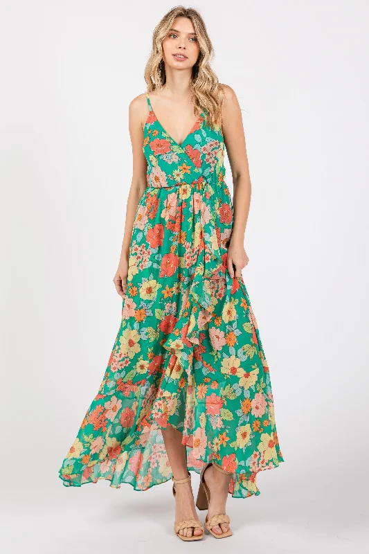 Hurry In fitted dressGreen Floral Chiffon Ruffle Hi-Low Sleeveless Midi Dress