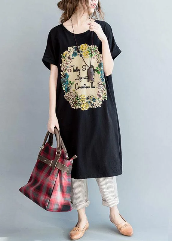 Super Sale flowy dressdiy Black Side Open Letter O Neck Vacation Cotton Dresses