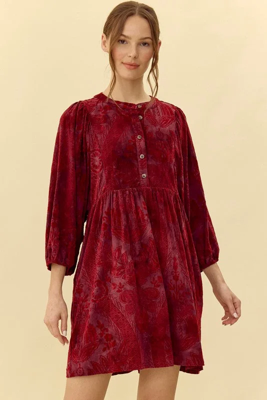 Doorbuster Deal relaxed fit dressBurgundy Velvet Jacquard Button Up Dress