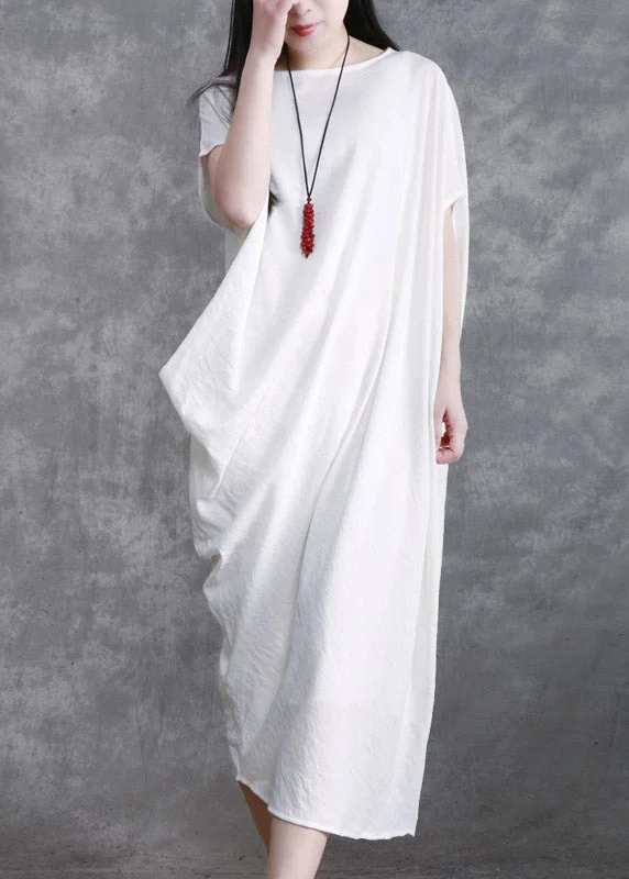 Super Bargain vintage-inspired dressPlus Size White O-Neck Asymmetrical Wrinkled Linen Dress Short Sleeve Super Bargain vintage-inspired dressPlus Size White O-Neck Asymmetrical Wrinkled Linen Dress Short Sleeve