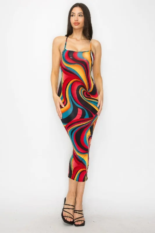 chic wrap dressCrossed Back Marble Print Multicolor Midi Dress