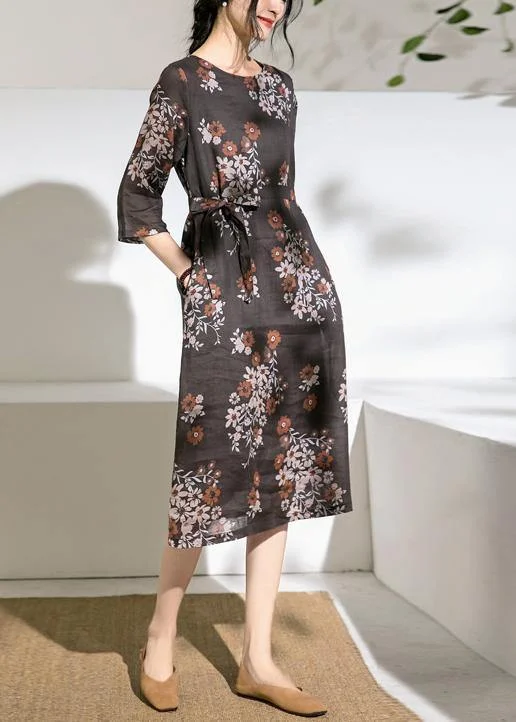 Extra Savings fitted bodycon dressWomen o neck half sleeve linen Robes Photography chocolate print Dress