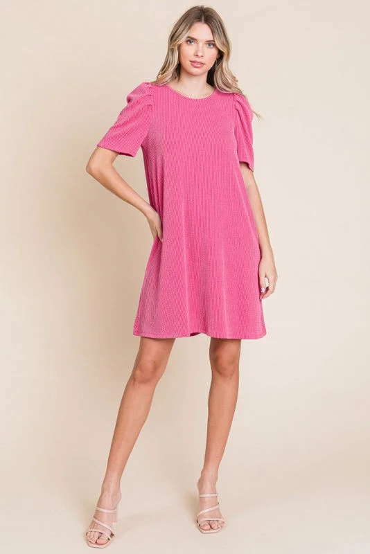 Can't Miss off-shoulder dressFuchsia Washed Ribbed Puff Sleeve Dress
