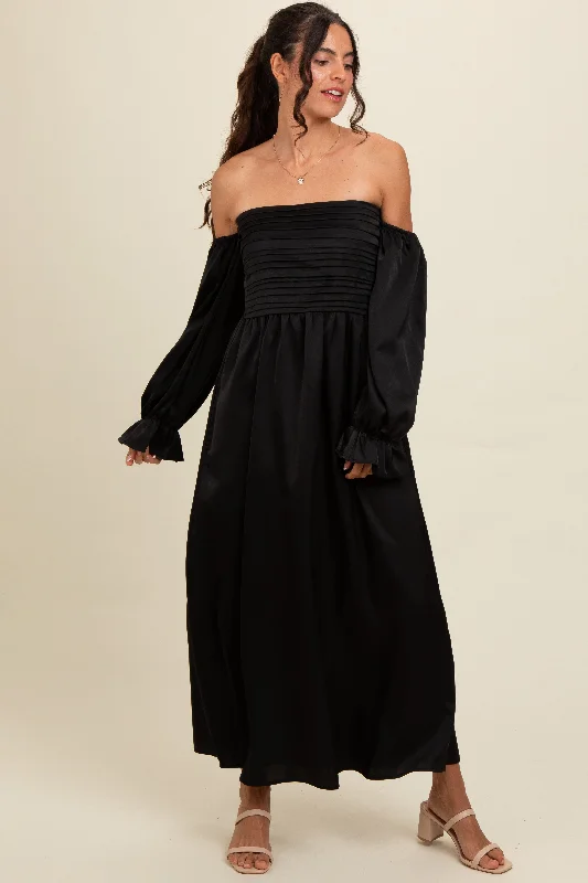 Year-End Sale sleek dressBlack Off Shoulder Satin Pleated Bodice Maxi Dress