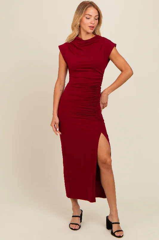 Online Only tiered dressBurgundy Ruched Mock Neck Slit Midi Dress