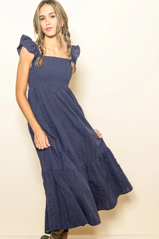 Price Reduction wrap dressNavy Blue Textured Cotton Ruffle Strap Midi Dress