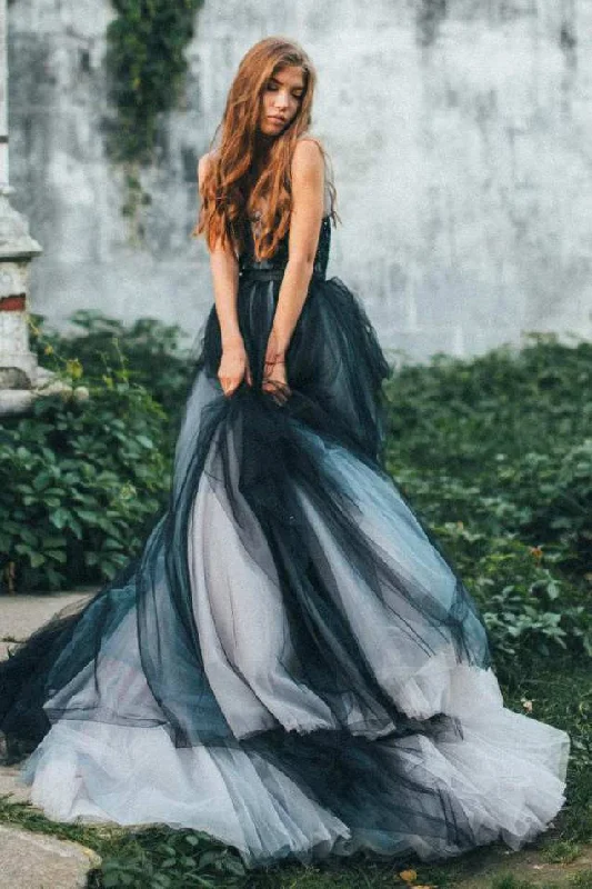 long sleeve dressGothic Black and Grey A-Line Ball Gown Wedding Dress Whimsical Boho Flowy Sleeveless Tulle Spaghetti Straps Court Train Bridal Gown