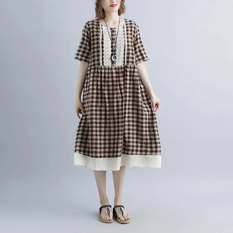 Markdowns wrap dresswomen summer dresses casual Lacing Short Sleeve Plaid Pockets Retro Casual Dress