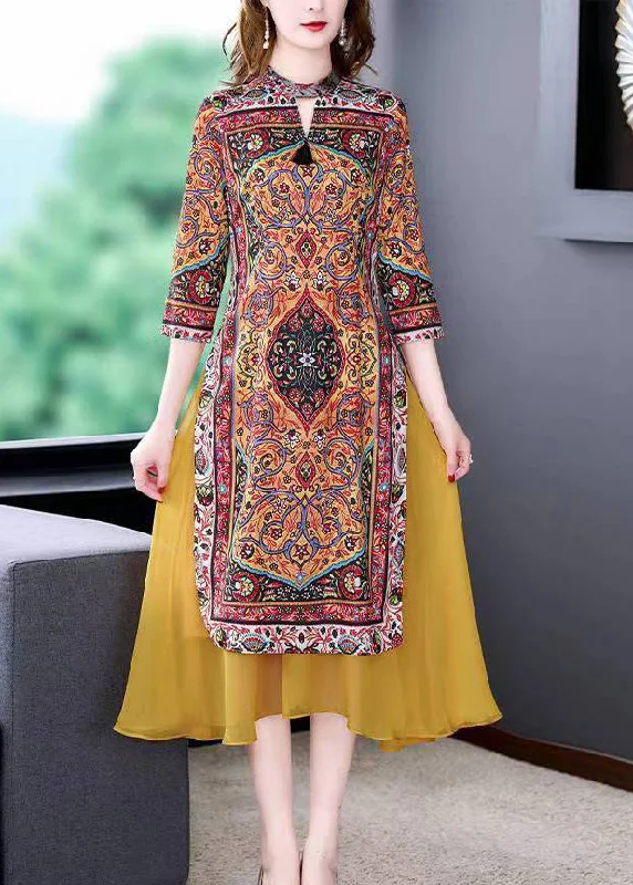 New Deals wrap-around dress2024 Fitted Yellow Stand Collar Patchwork Print Chiffon Fake Two Piece Dress Summer New Deals wrap-around dress2024 Fitted Yellow Stand Collar Patchwork Print Chiffon Fake Two Piece Dress Summer