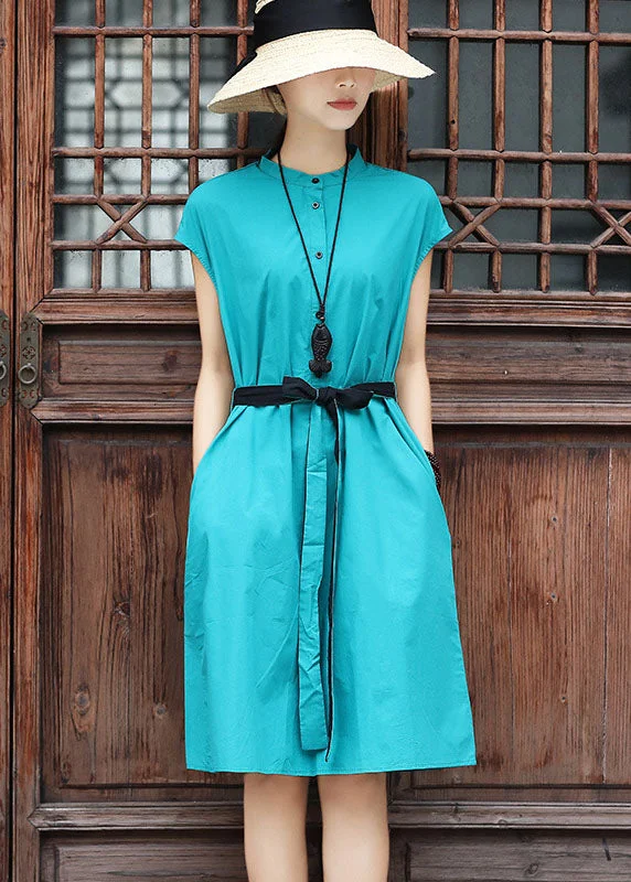 Clearance Event stylish party dressSlim Fit Sky Blue Stand Collar Tie Waist Cotton Dress Short Sleeve