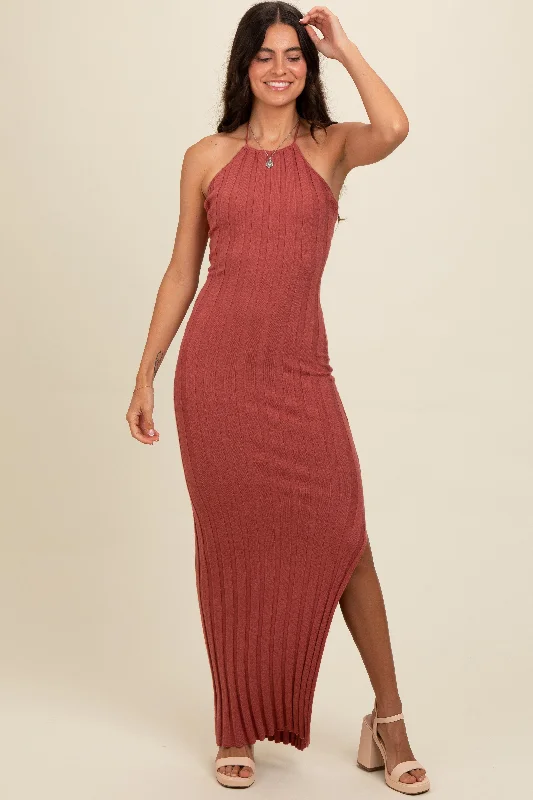 Instant Discount playful dressRust Ribbed Knit Halter Neck Maxi Dress