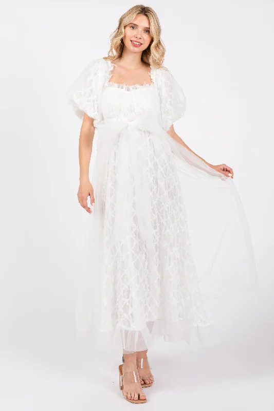 Don’t Miss Out silk dressWhite Balloon Sleeve Embroidery Mesh Midi Dress