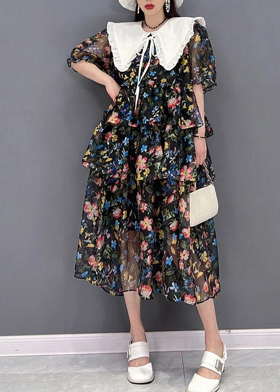 Flash Sale sleek dressBohemian Black Sailor Collar Layered Design Cinched Print Chiffon Dress Short Sleeve Flash Sale sleek dressBohemian Black Sailor Collar Layered Design Cinched Print Chiffon Dress Short Sleeve