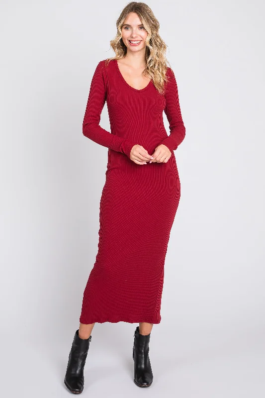 Super Sale luxury dressBurgundy Ribbed Long Sleeve Maxi Dress