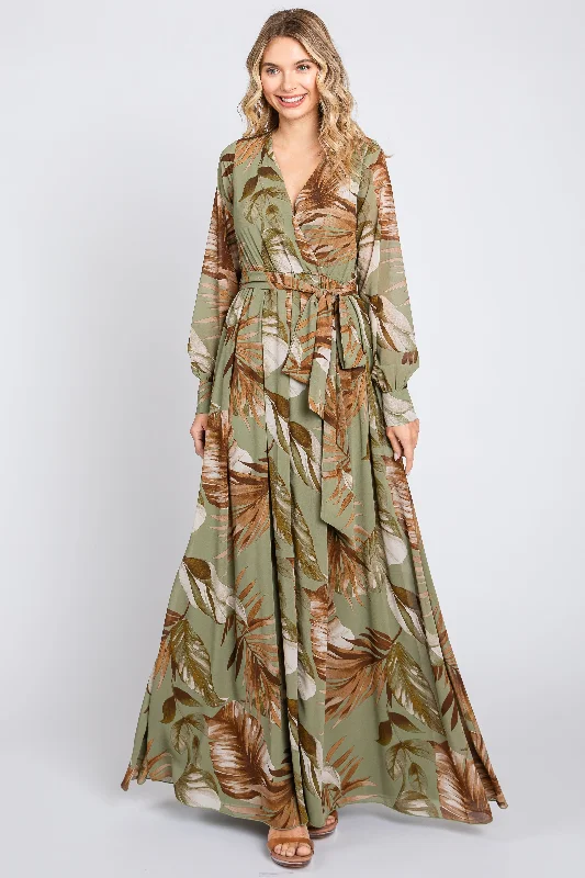 Daily Deals floral wrap dressOlive Palm Print Chiffon Wrap Front V-Neck Long Sleeve Maxi Dress
