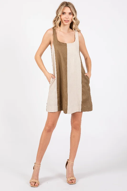Special Discount knit dressOlive Color Block Linen Sleeveless Dress