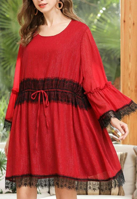 Epic Deals comfy dressWomen Red Patchwork Chiffon Lace Spring Dresses