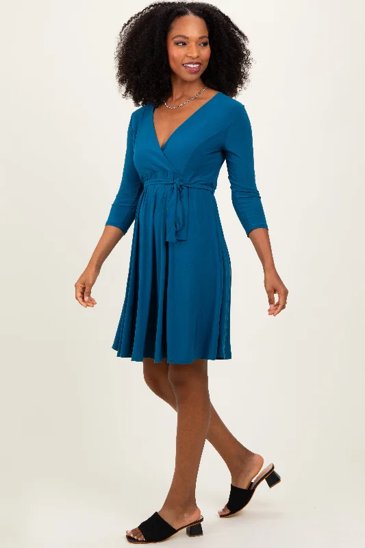 Big Discounts fitted dressTeal 3/4 Sleeve Nursing Sash Tie Wrap Dress