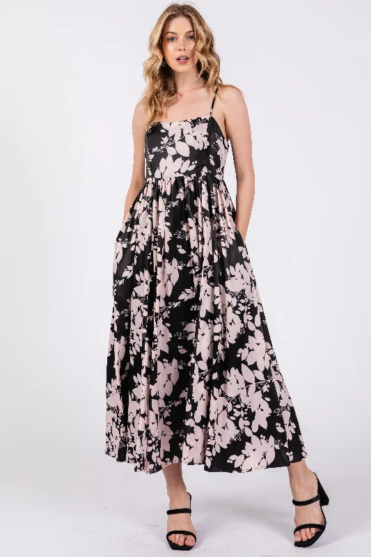 Huge Discounts pleated dressBlack Leaf Print Satin Square Neck Midi Dress