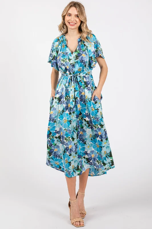 Today’s Deal tiered dressBlue Floral V-Neck Short Puff Sleeve Tie Waist Satin Midi Dress