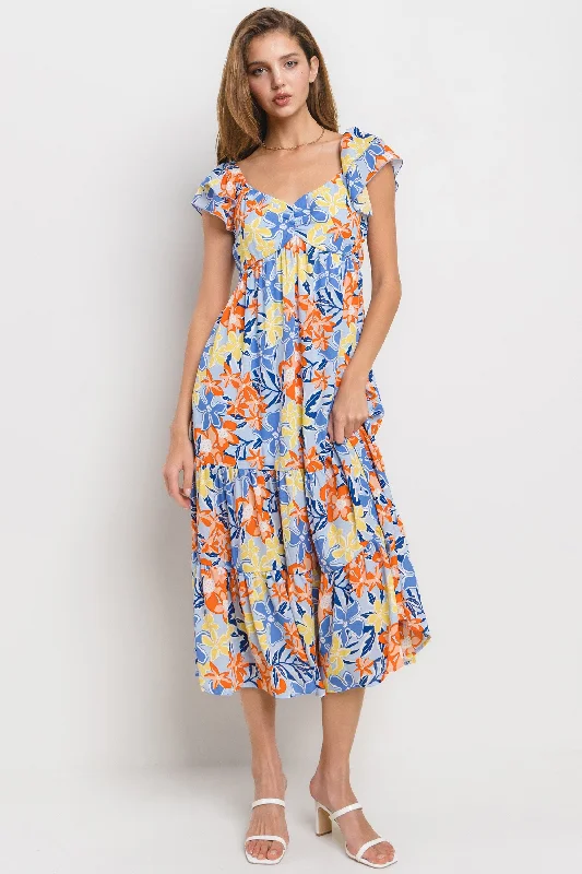 Super Sale velvet dressLight Blue Floral Printed Tiered Flutter Sleeve Dress