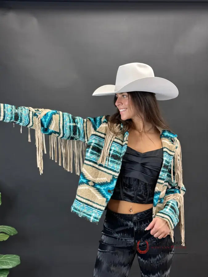 Price Drop Rock&roll Womens Teddy Berber Jacket W Fringe Turquoise