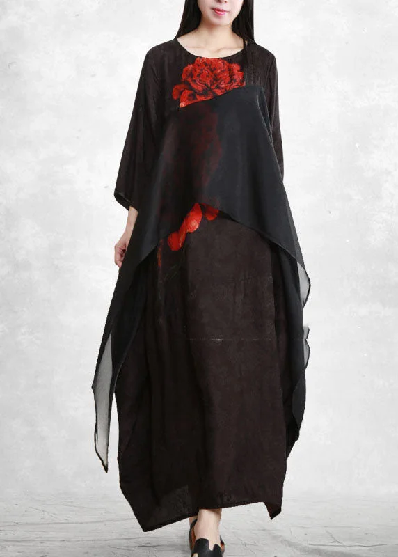 Exclusive Access v-neck dressBohemian Black O-Neck Asymmetrical Floral Print Long Dresses Three Quarter sleeve