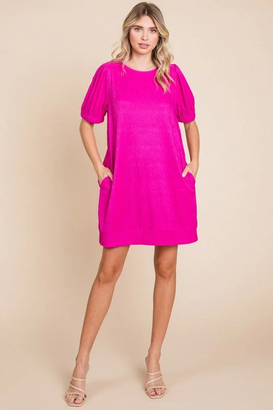 New Deals long sleeve dressFuchsia Textured Stripe Knit Short Puff Sleeve Dress