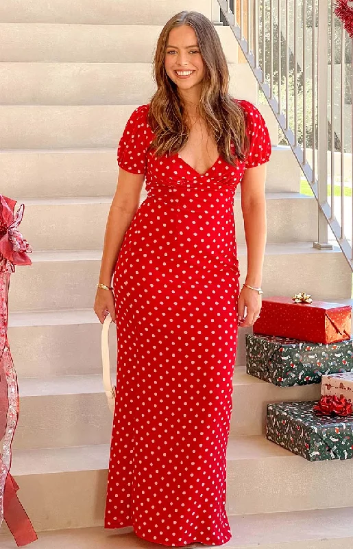 Discount Extravaganza padded coatLovella Red Polka Dot Maxi Dress