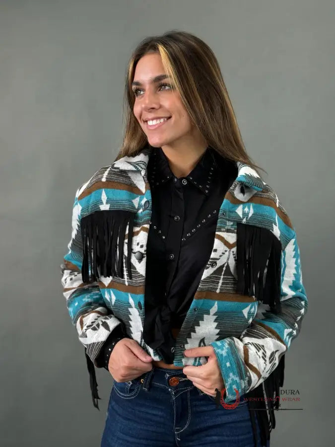 Super Sale LUCKY & BLESSED WESTERN AZTEC BLACK FRINGE SNAP JACKET