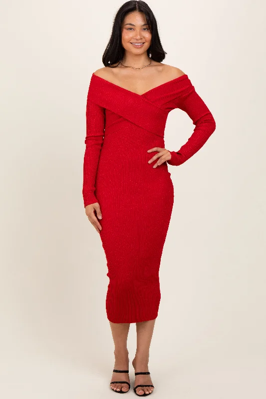 Discount Deals vintage dressRed Ribbed Crossover Off Shoulder Midi Dress