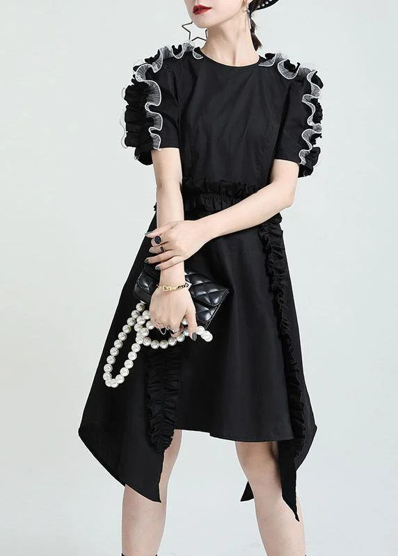 Buy Now flowy maxi dressWomen Black O-Neck Asymmetrical Design Patchwork Summer Cotton Sundress